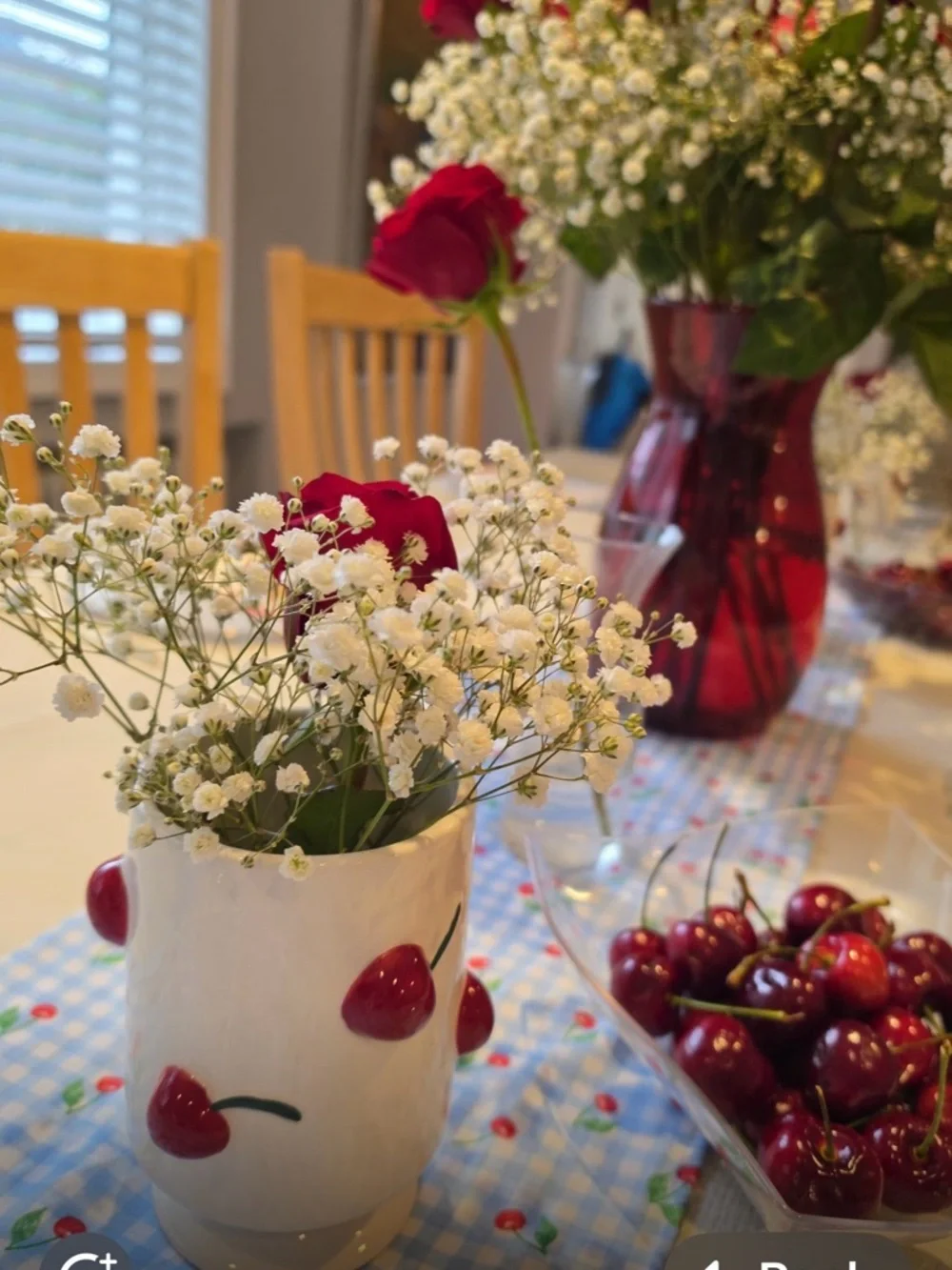 He Is the Cherry On Top Party Backdrop Banner plus 6 Ceramic Cherry Vases